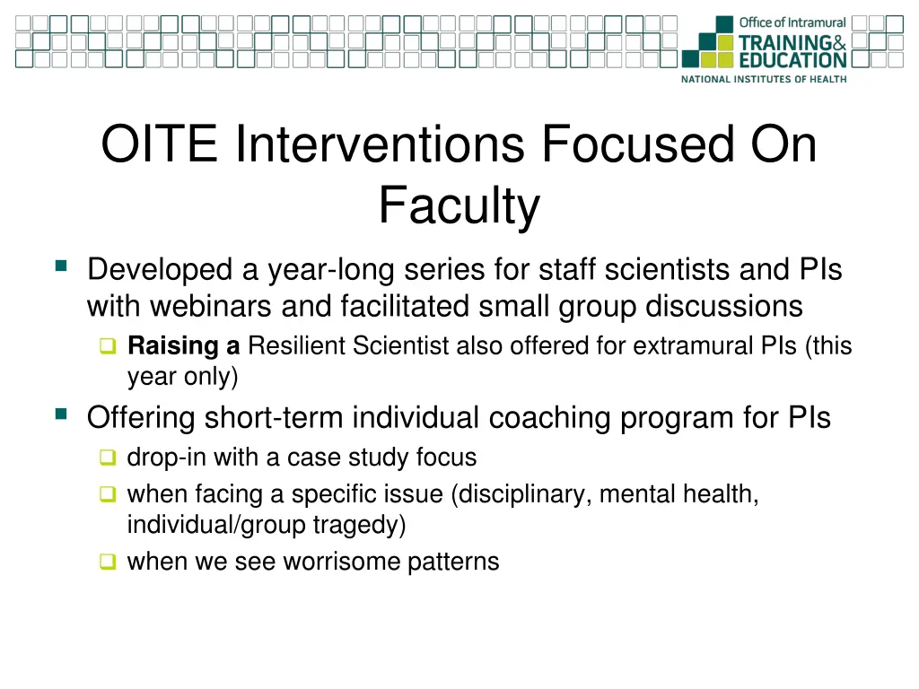 oite interventions focused on faculty developed