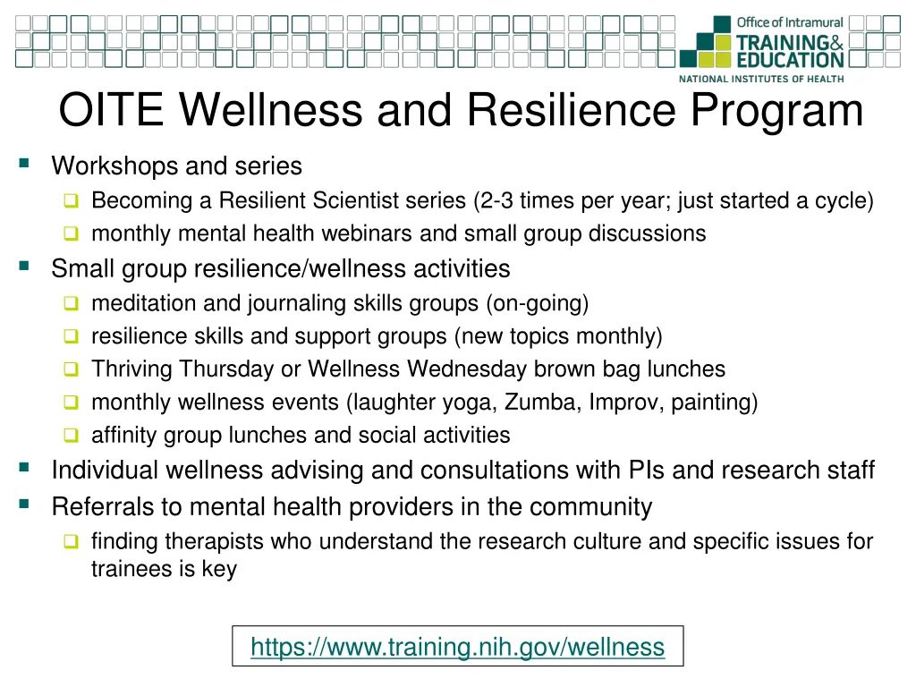 oite wellness and resilience program workshops