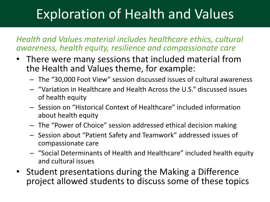 exploration of health and values