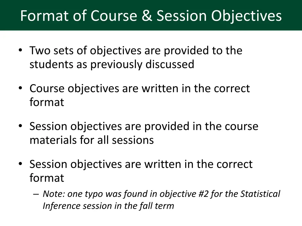 format of course session objectives