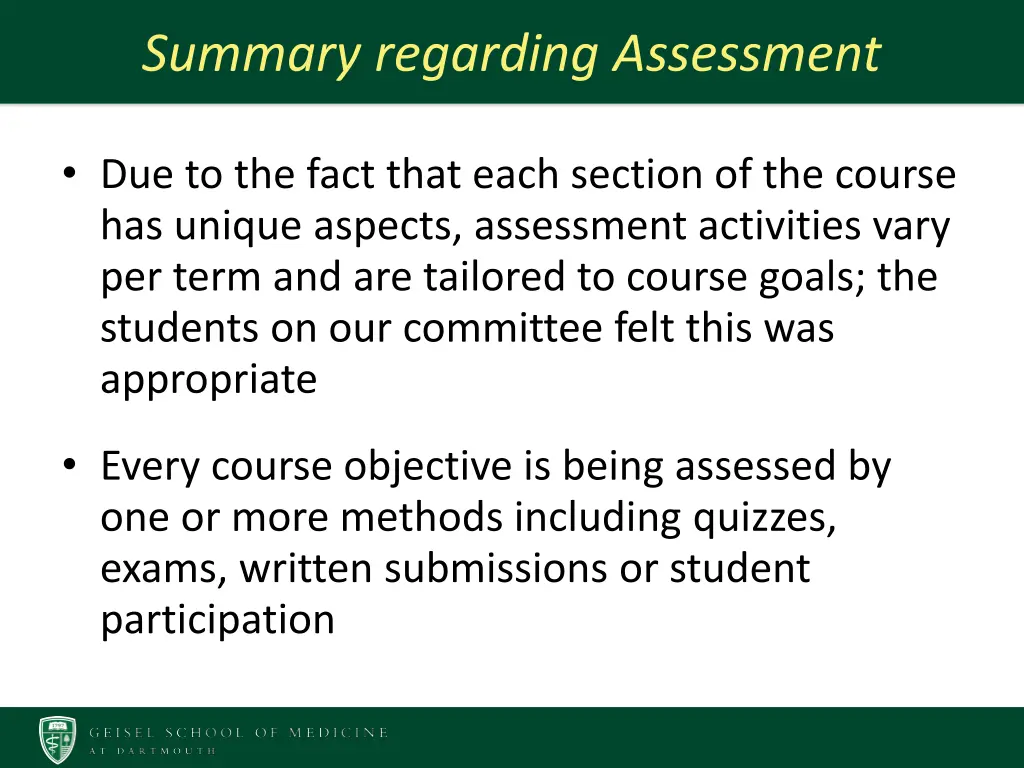 summary regarding assessment