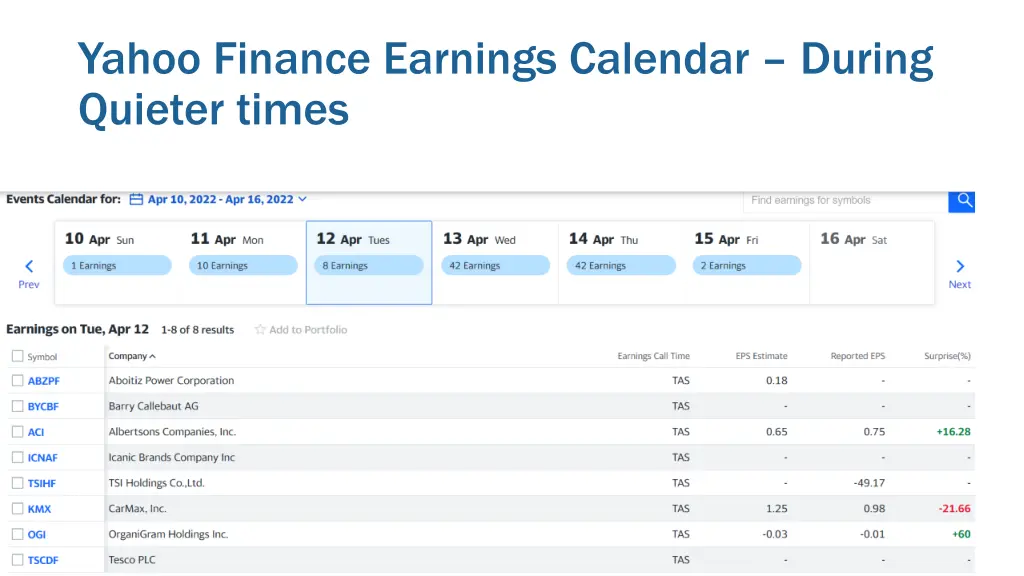 yahoo finance earnings calendar during quieter