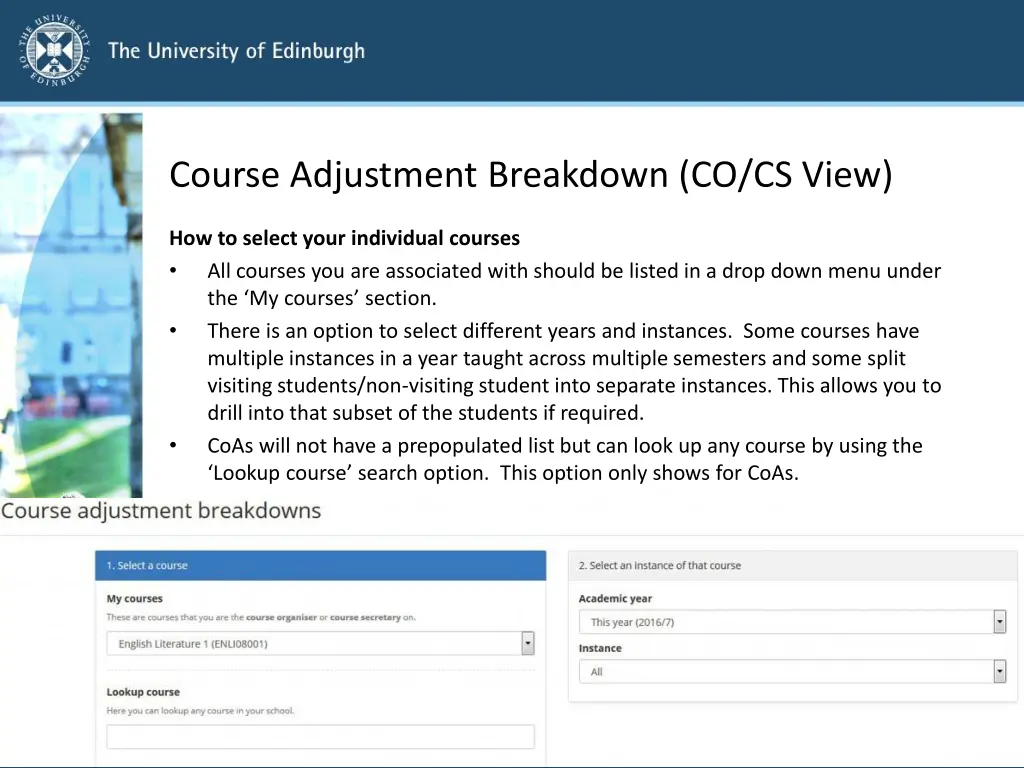 course adjustment breakdown co cs view