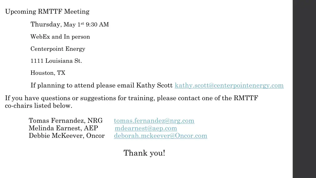 upcoming rmttf meeting