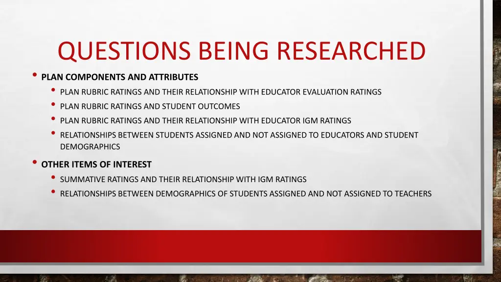 questions being researched plan components