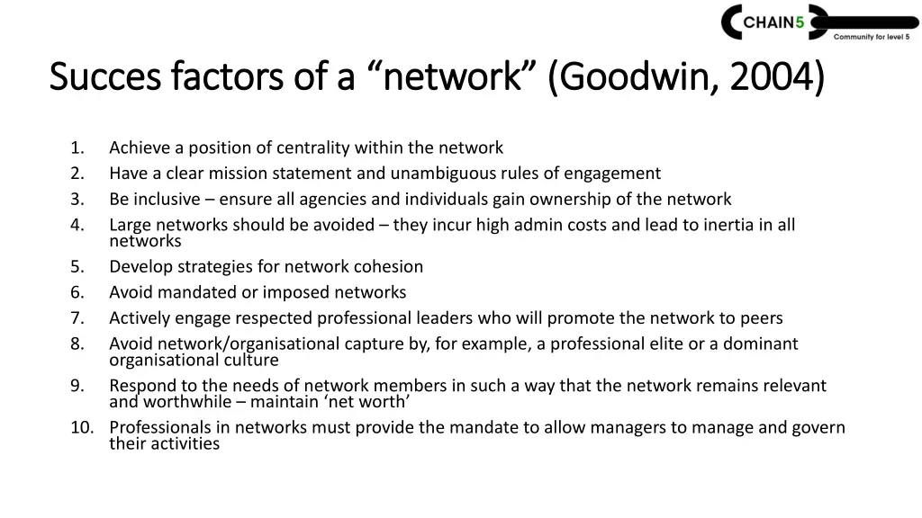 succes factors of a succes factors of a network
