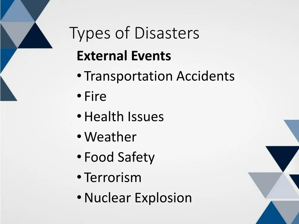 types of disasters external events transportation