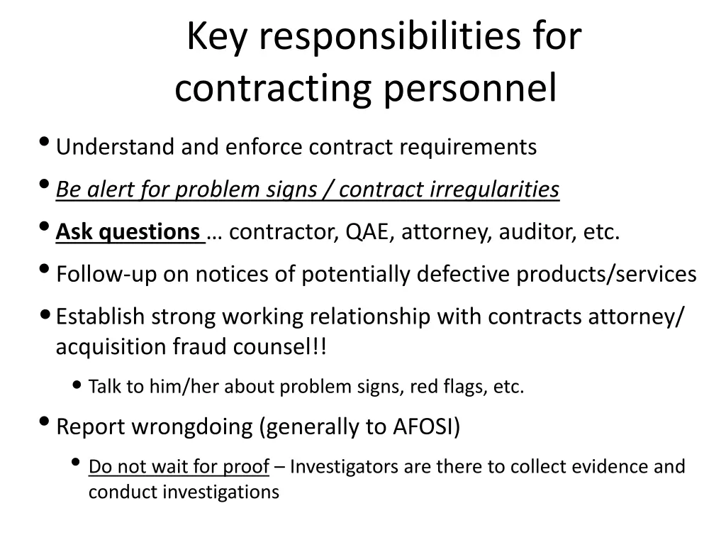 key responsibilities for contracting personnel