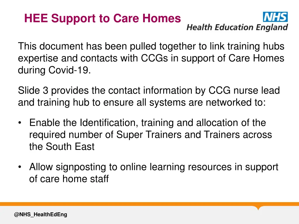 hee support to care homes