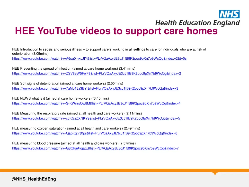hee youtube videos to support care homes