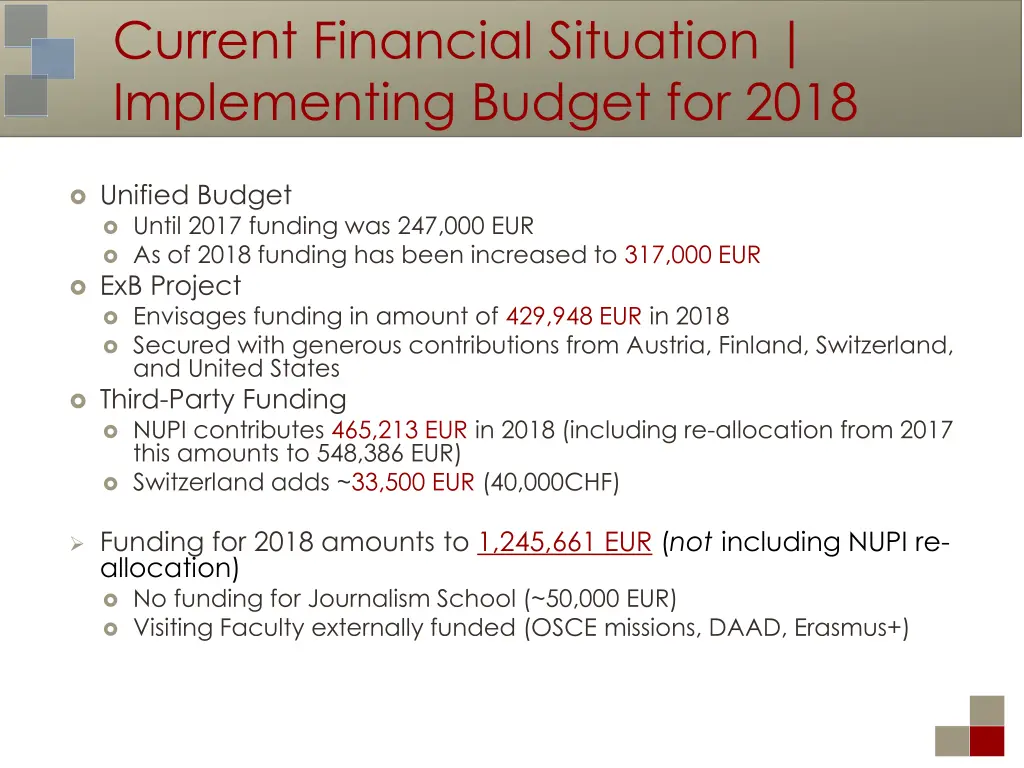 current financial situation implementing budget 1