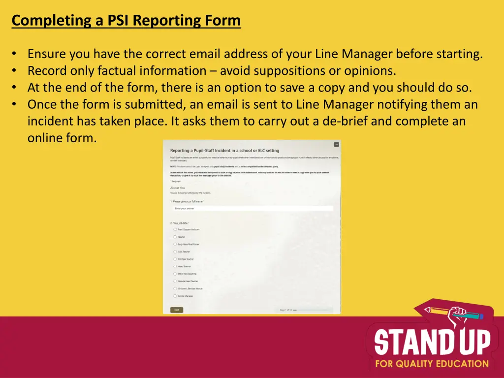 completing a psi reporting form