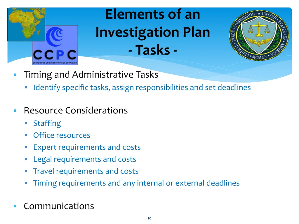 elements of an investigation plan tasks