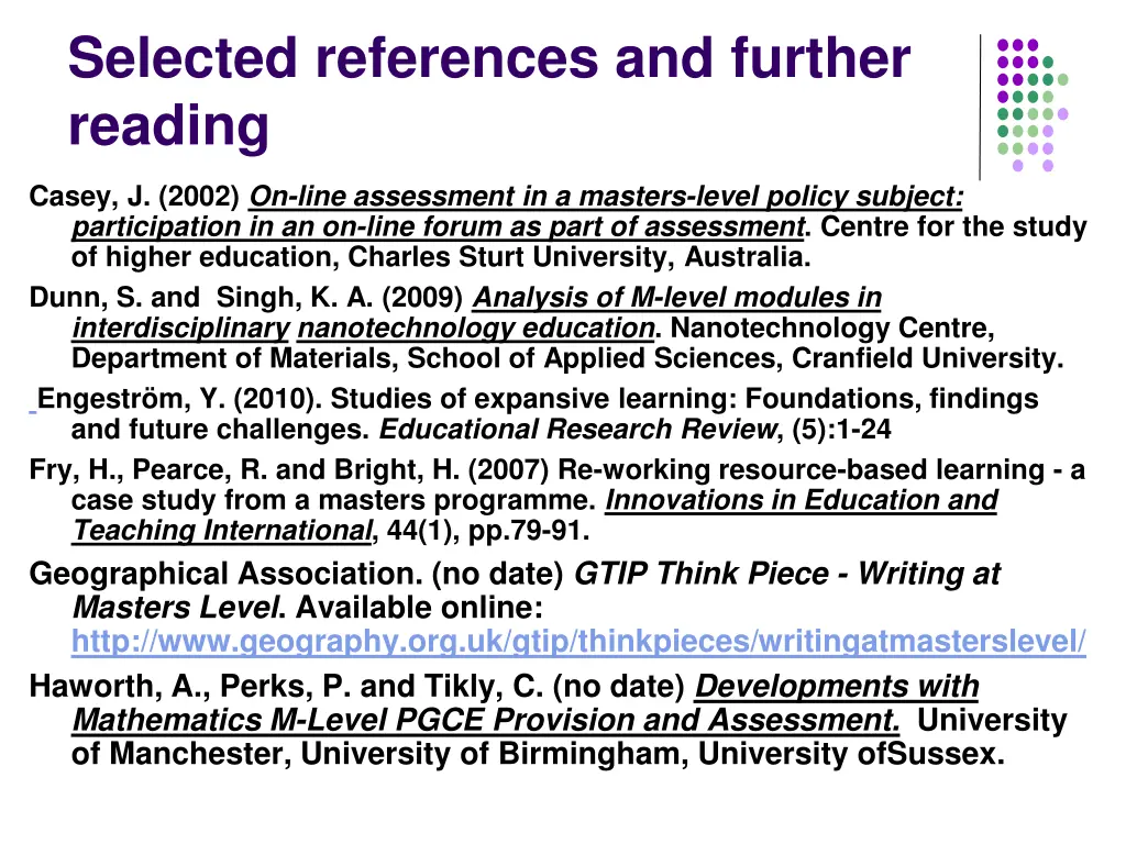 selected references and further reading