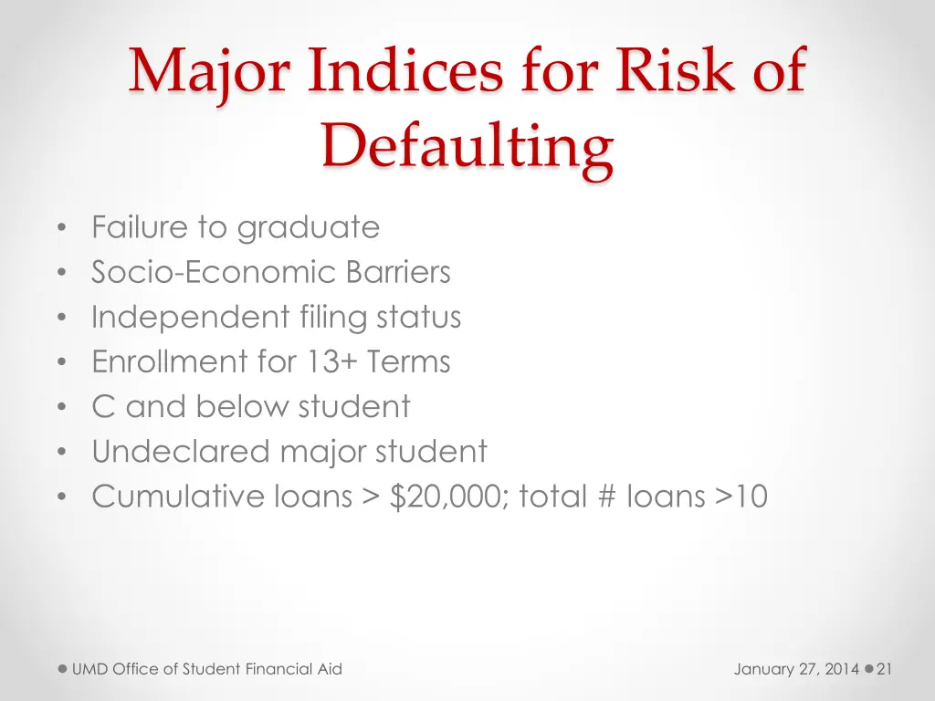 major indices for risk of defaulting