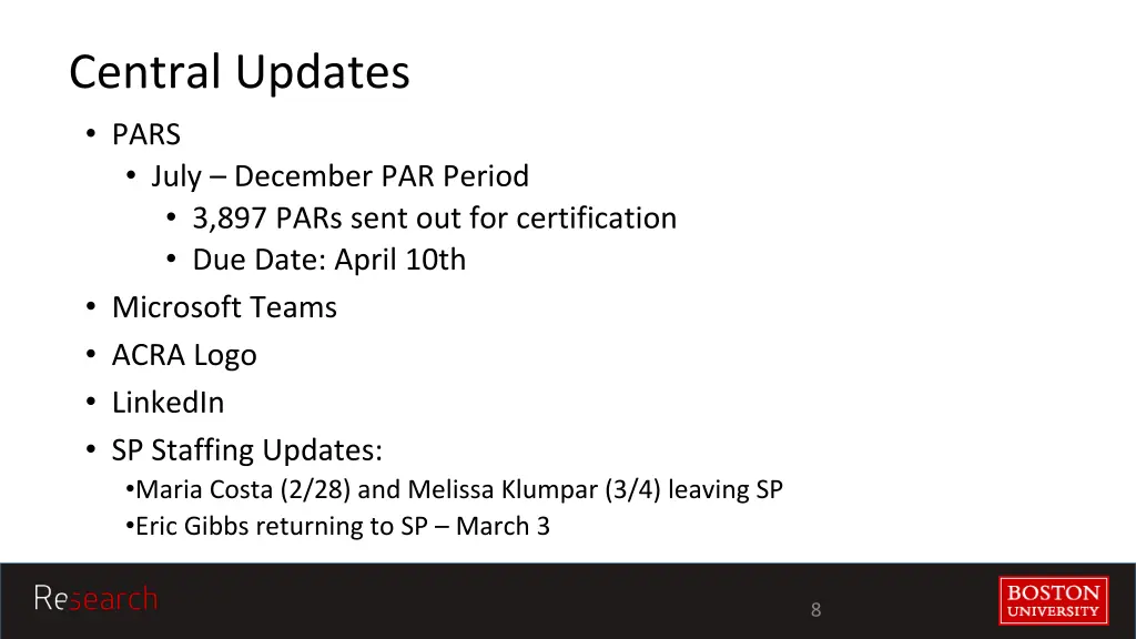 central updates pars july december par period