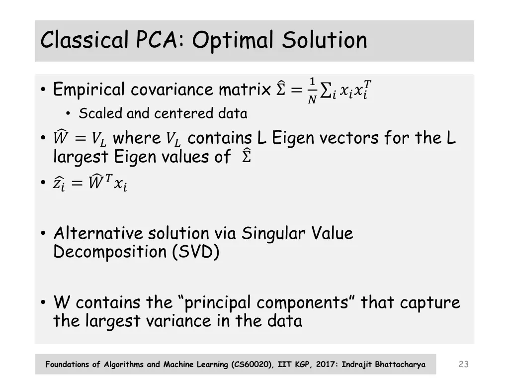 classical pca optimal solution