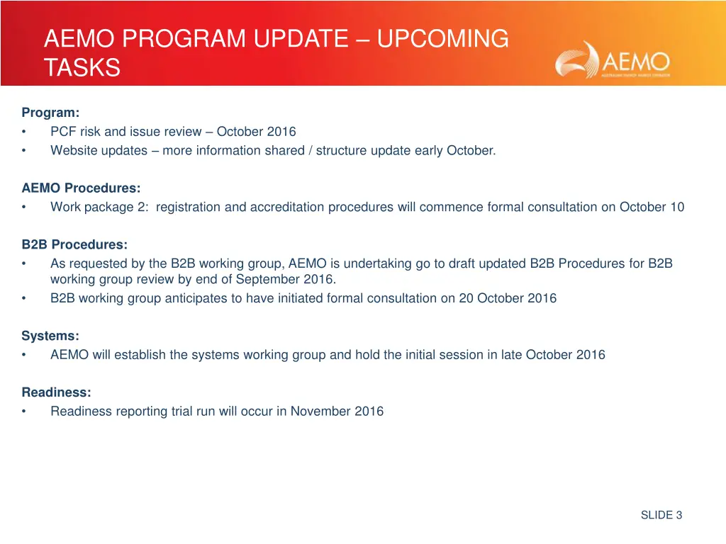 aemo program update upcoming tasks