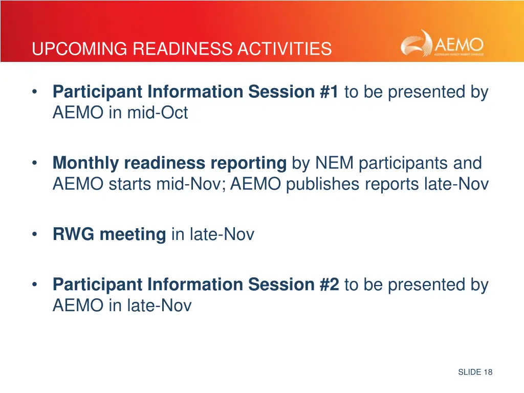 upcoming readiness activities