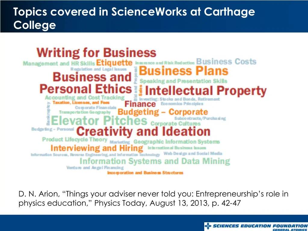 topics covered in scienceworks at carthage college