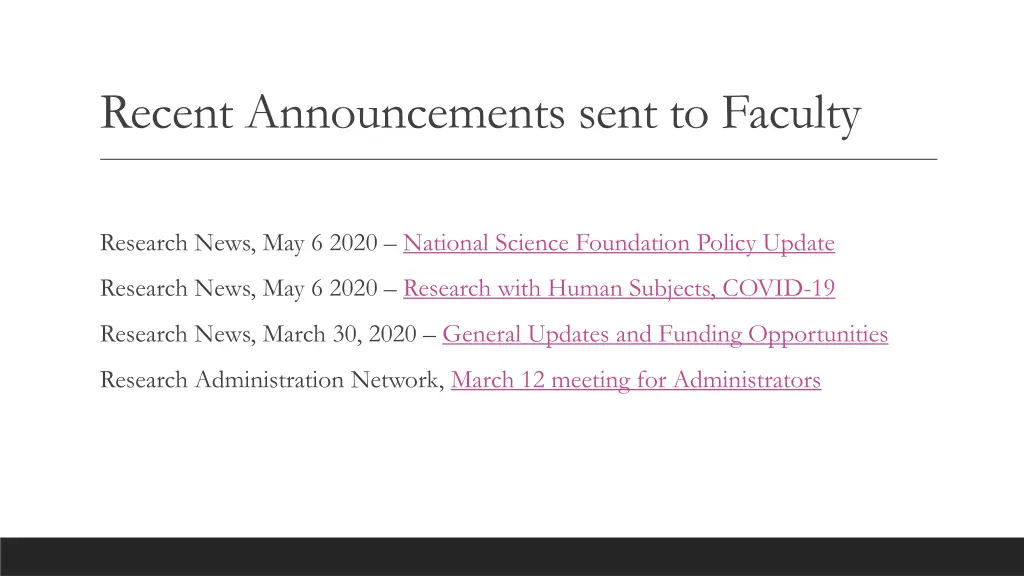 recent announcements sent to faculty