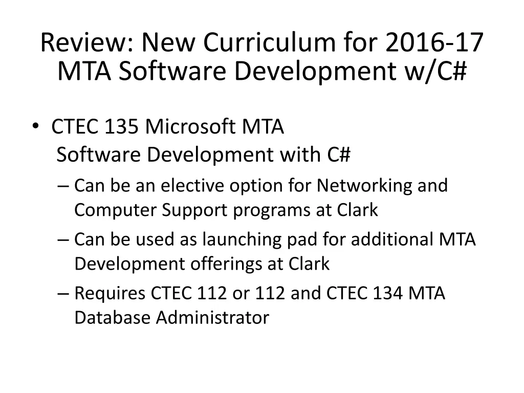 review new curriculum for 2016 17 mta software 1