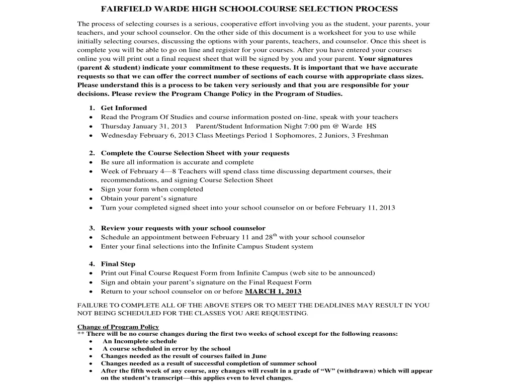 fairfield warde high schoolcourse selection
