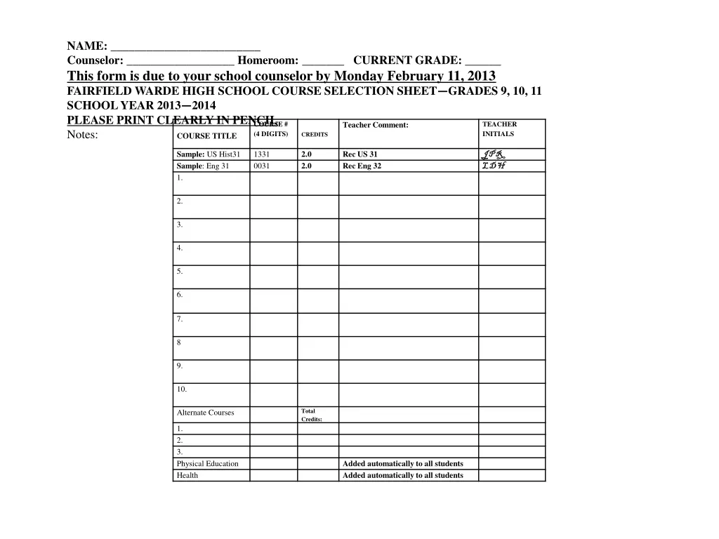 name counselor homeroom current grade this form