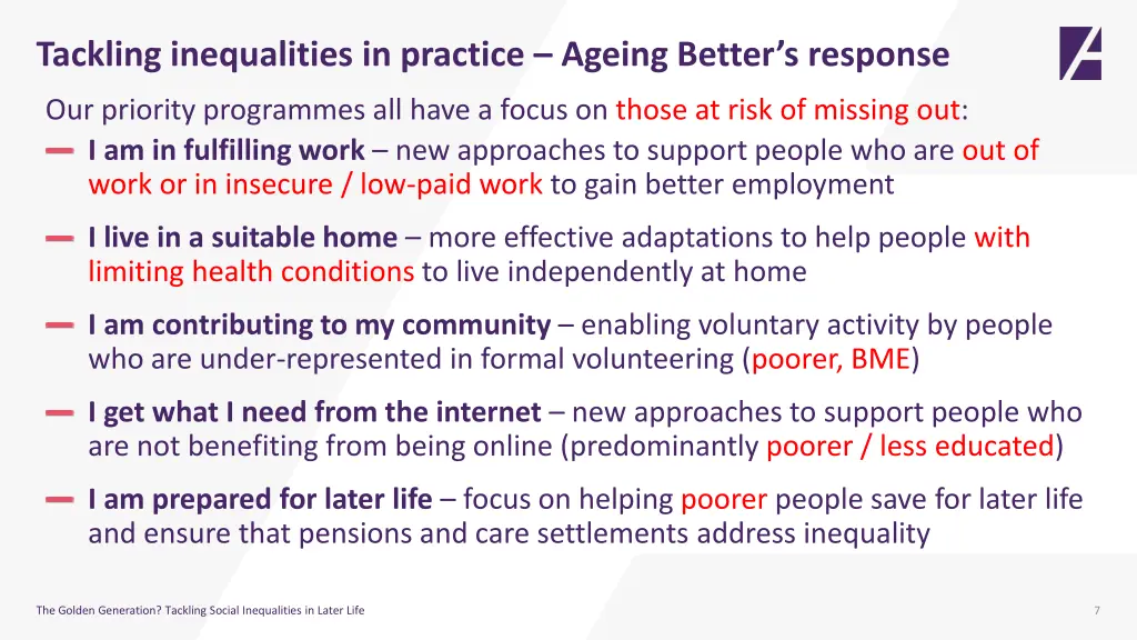 tackling inequalities in practice ageing better