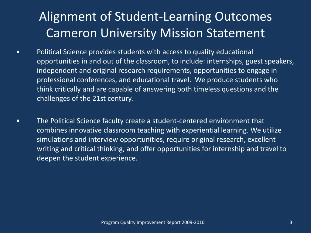 alignment of student learning outcomes cameron