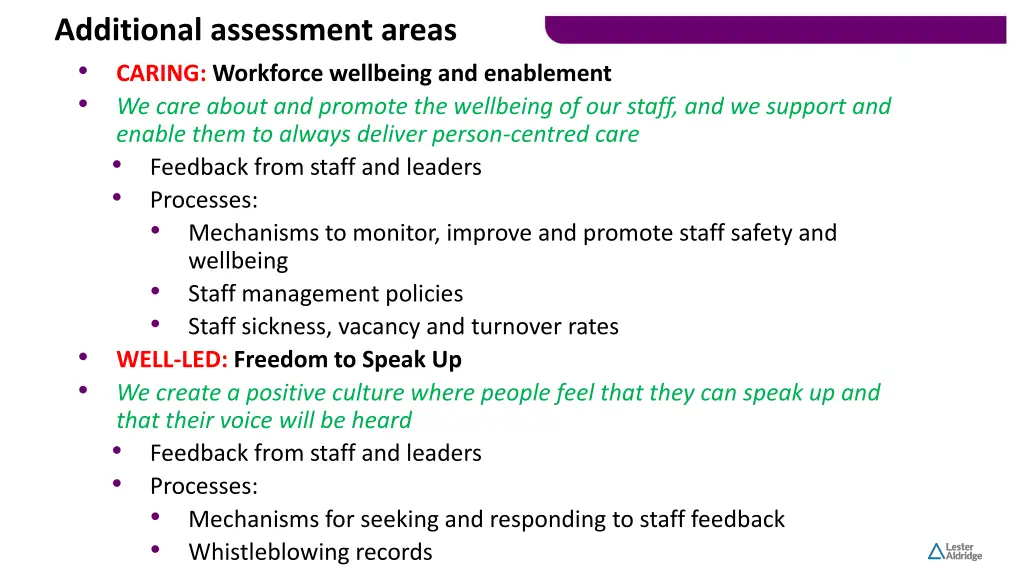 additional assessment areas caring workforce
