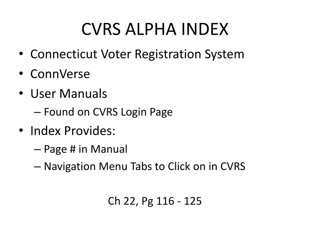 cvrs alpha index connecticut voter registration