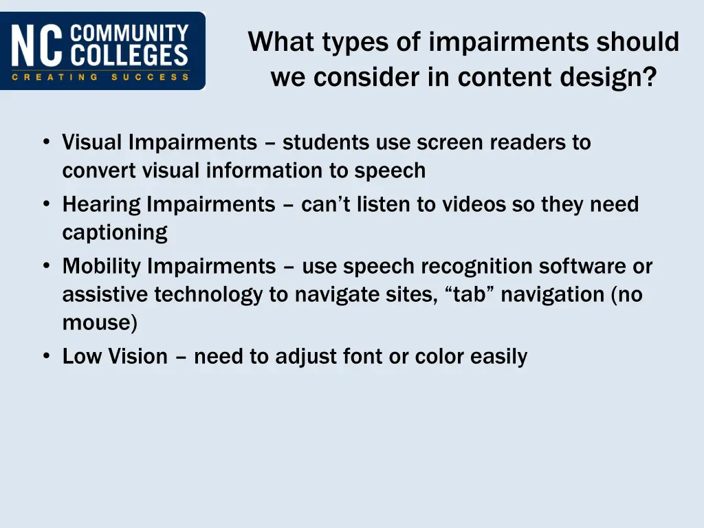 what types of impairments should we consider