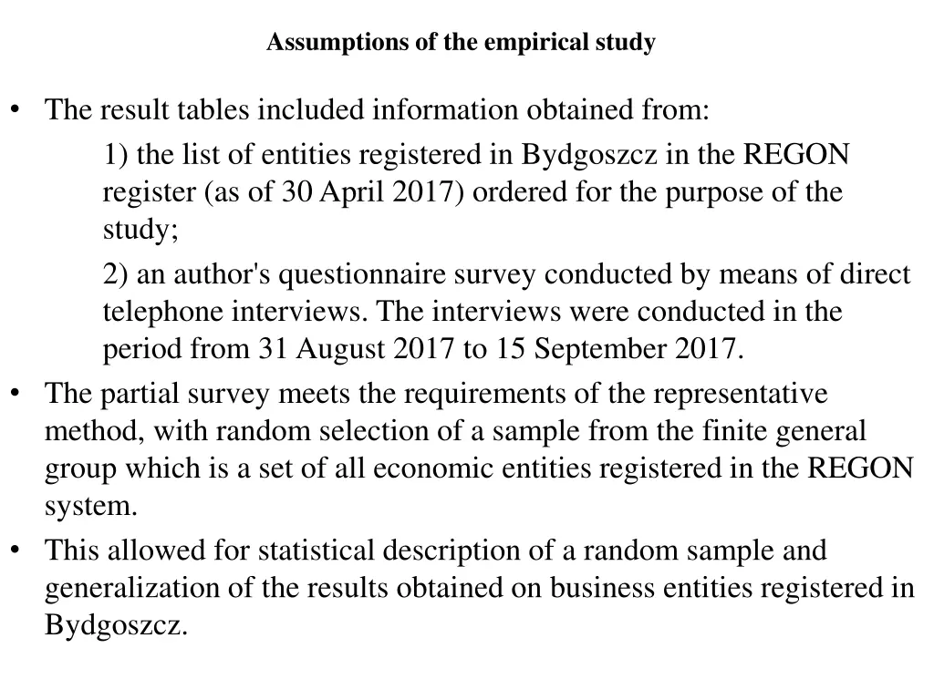 assumptions of the empirical study 2