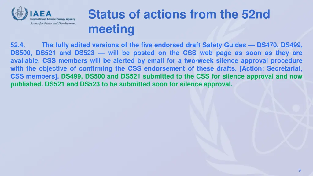 status of actions from the 52nd meeting