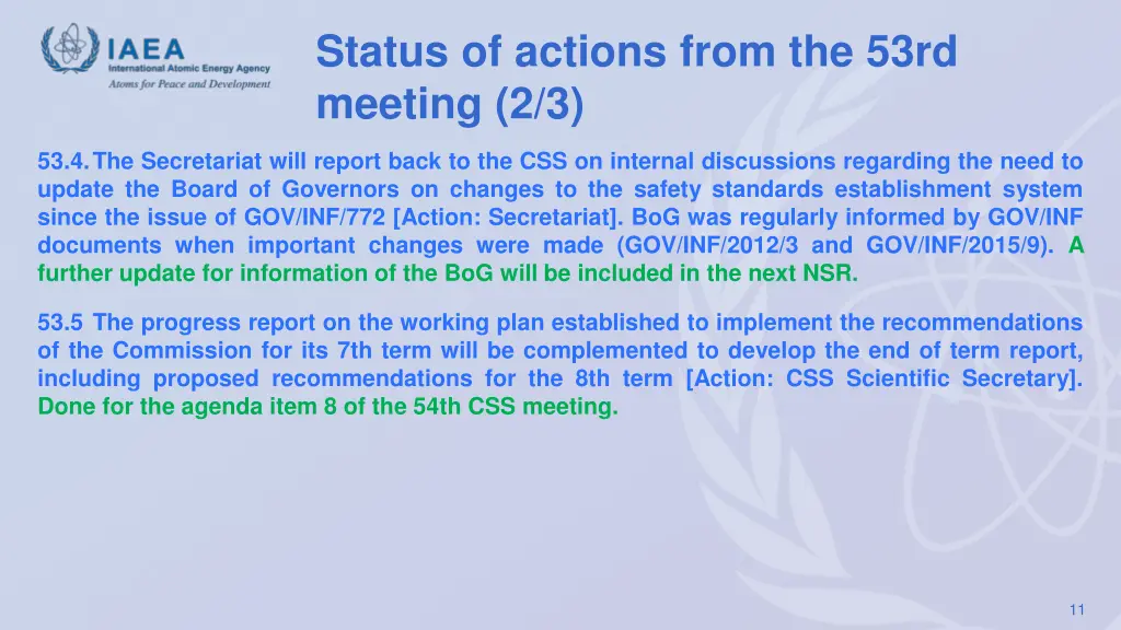 status of actions from the 53rd meeting 2 3
