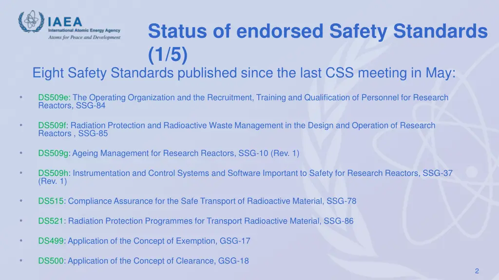 status of endorsed safety standards 1 5 eight