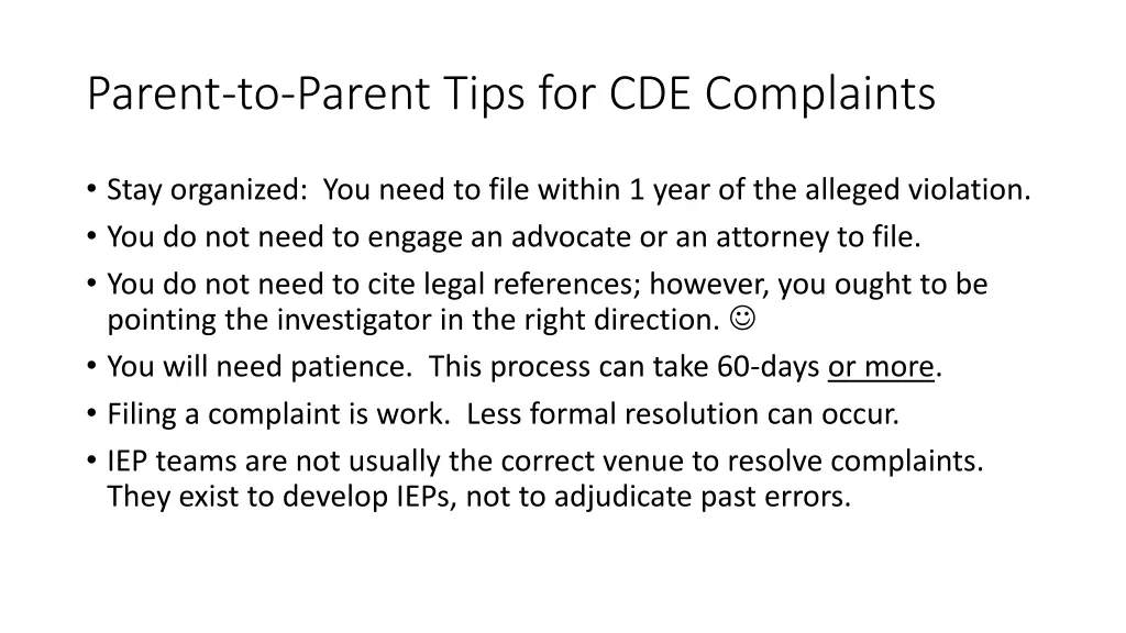 parent to parent tips for cde complaints