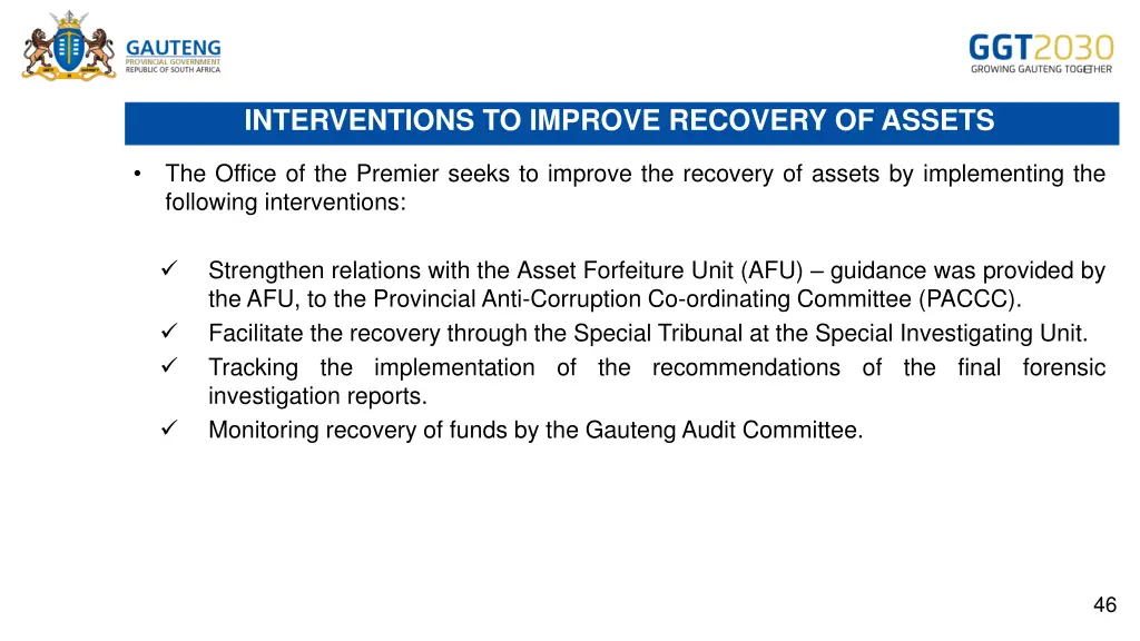 interventions to improve recovery of assets