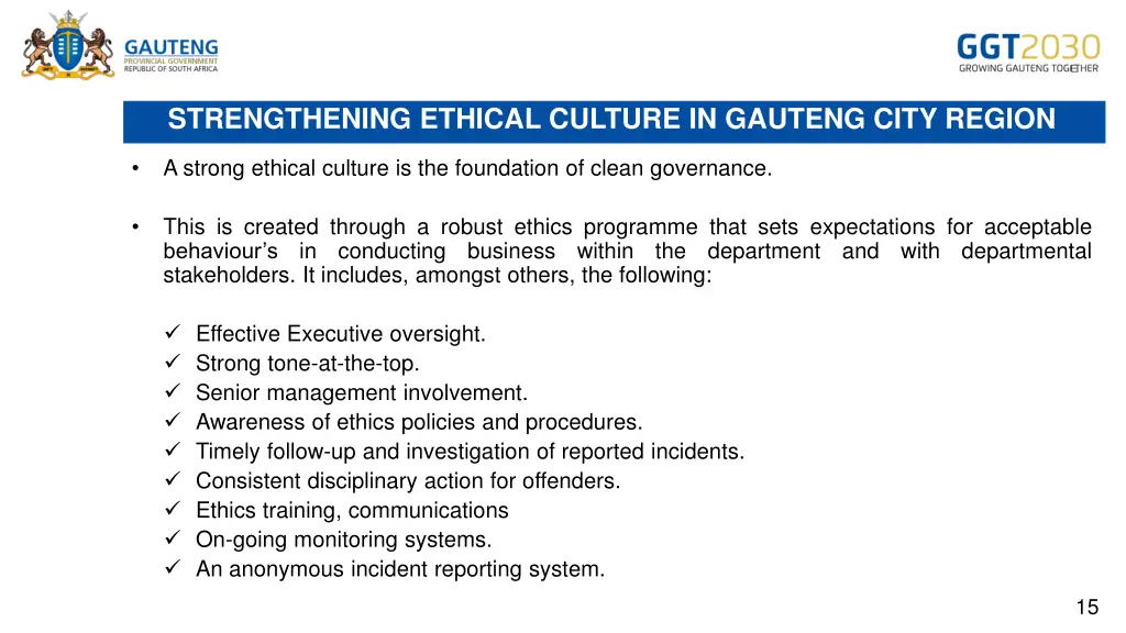 strengthening ethical culture in gauteng city