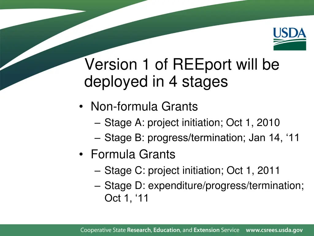 version 1 of reeport will be deployed in 4 stages