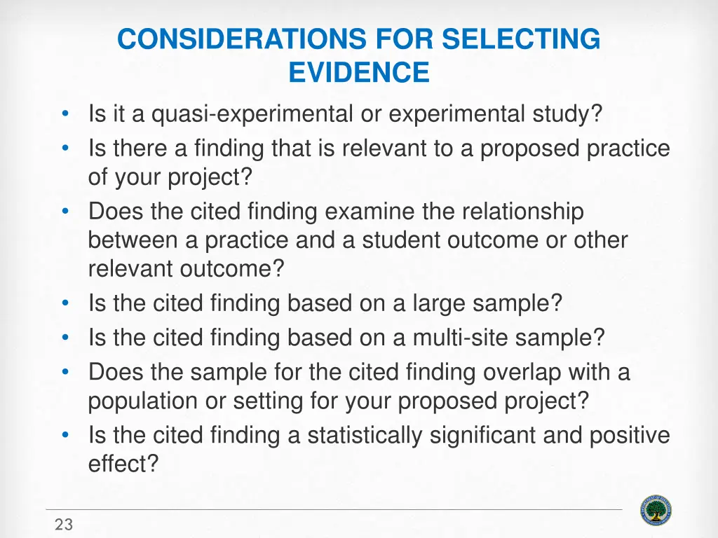 considerations for selecting evidence