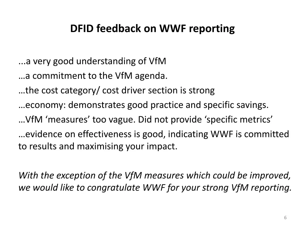 dfid feedback on wwf reporting