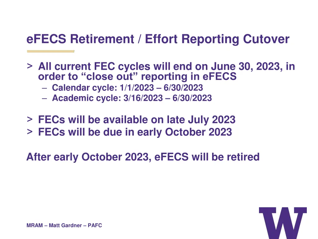 efecs retirement effort reporting cutover