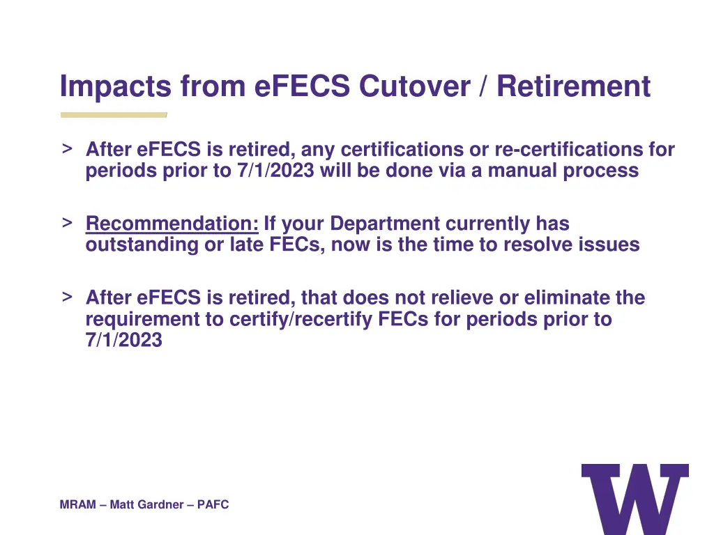 impacts from efecs cutover retirement