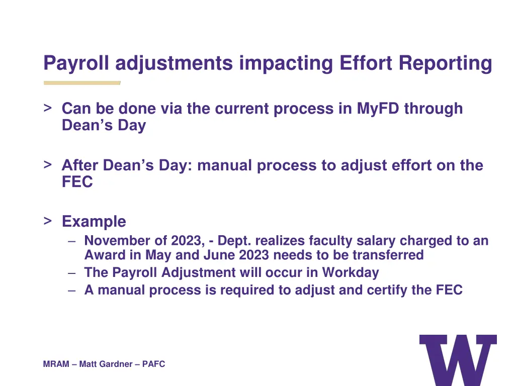 payroll adjustments impacting effort reporting
