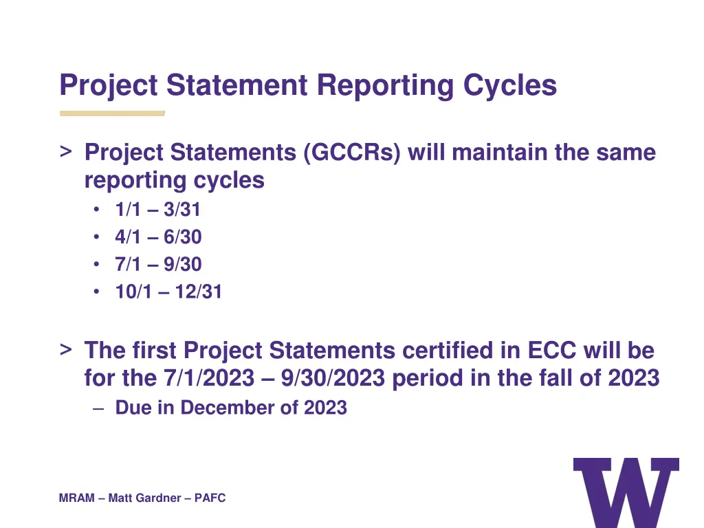 project statement reporting cycles