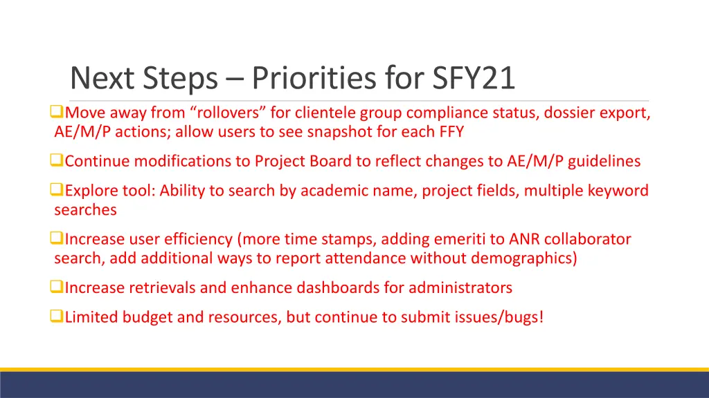 next steps priorities for sfy21 move away from