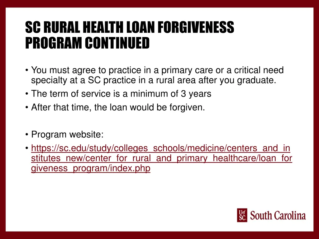 sc rural health loan forgiveness program continued