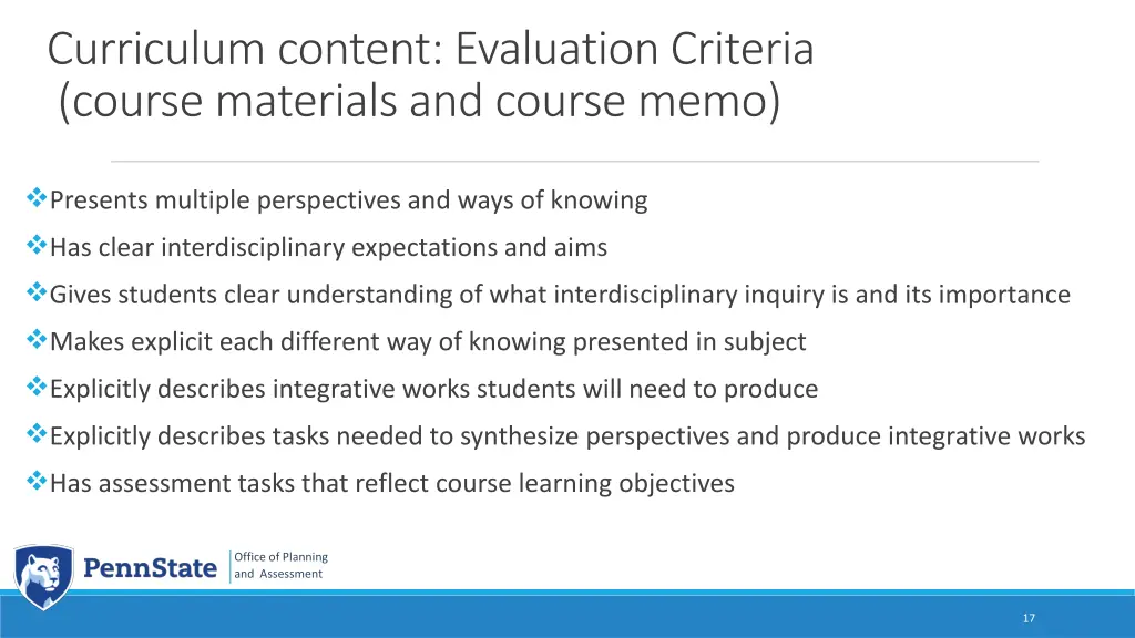 curriculum content evaluation criteria course